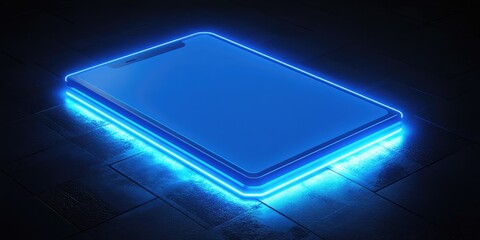 Glowing blue neon smartphone or tablet on a dark, reflective tiled surface. For mobile tech reviews, app development blogs, or futuristic communication concepts.