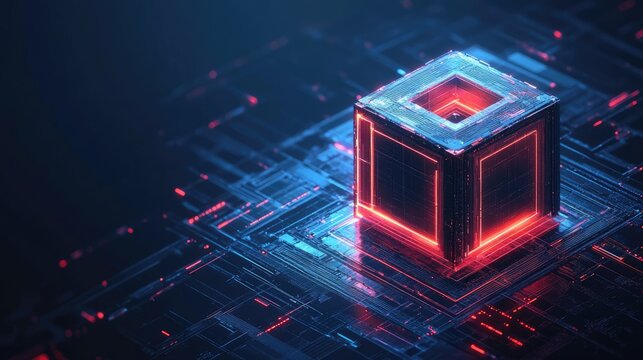 Glowing cyberpunk cube with blue and red neon outlines on a circuit-like surface. Ideal for tech blogs, futuristic websites, and digital art portfolios.