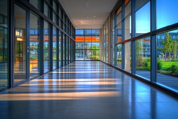 Fototapeta premium Modern office corridor with large windows and natural light.