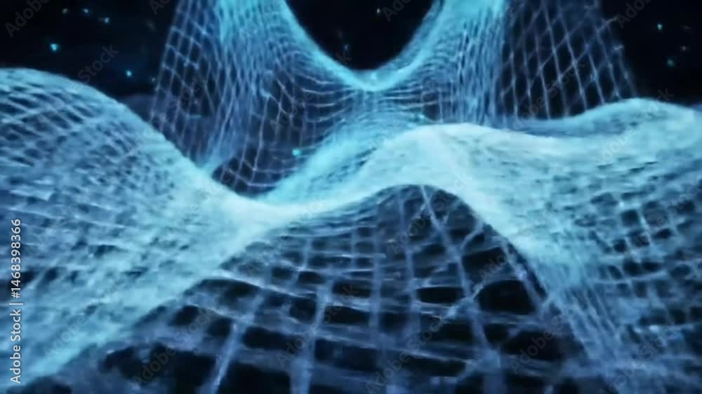Poster abstract blue grid landscape: ethereal waves and glowing particles