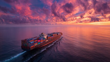 Naklejka premium Majestic cargo ship sailing at sunset ocean view dramatic pink sky colorful containers sea red blue