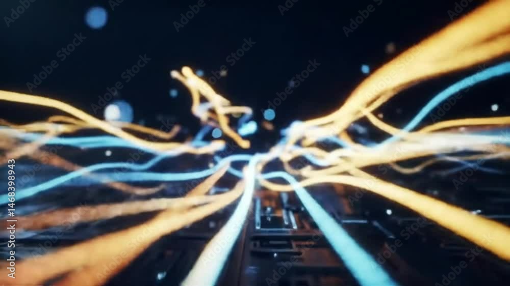 Poster Abstract Circuit Board with Flowing Orange and Blue Light Streams Animation