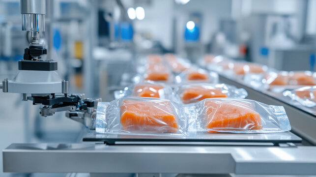 Automated vacuum packaging system for fresh salmon in a modern food processing facility