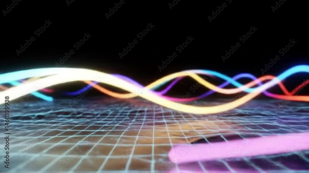 Poster retro wave grid landscape with glowing neon curves animation on black background