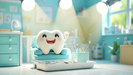 A happy, smiling cartoon tooth character relaxing in a dentist's office, with dental tools. Its waving at you. 