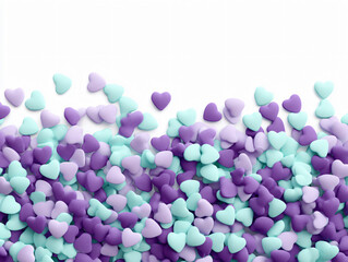 Whimsical Mint Purple Heart-Shaped Sweet Candy Confectionery Sprinkles Background Celebration Vibrant Colorful Pastel Edible Treat Party Decoration Joyful Festive Event Design Texture Romantic 