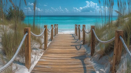 Tranquil wooden walkway leading to a turquoise ocean.