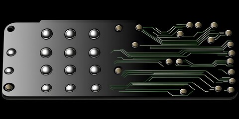 Digital circuit board with silver studs, a technological convergence theme