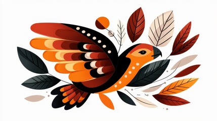 Stylized Orange Bird with Black Head and Fall Colored Leaves Vector Illustration