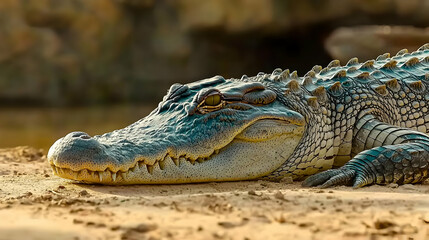 Fototapeta premium Closeup Of Crocodile Head On Sand