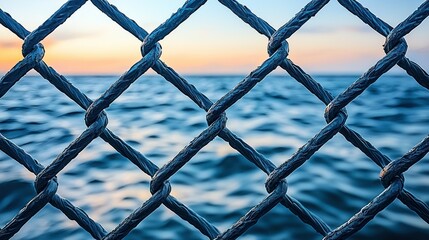 Fototapeta premium Woven fence over ocean with blurred horizon at sunset