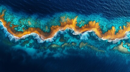 Aerial View of Turquoise Ocean with Golden Coastline