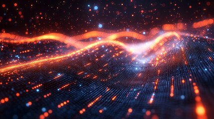 Fototapeta premium Abstract digital landscape with orange and blue glowing particles.