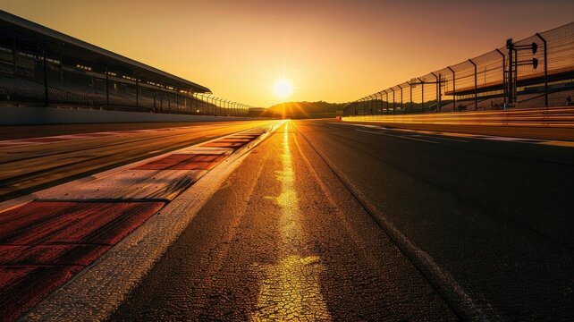 Captured at golden hour, this image shows an empty straight section of a race track, highlighting the stunning sunset and the serenity of the moment.