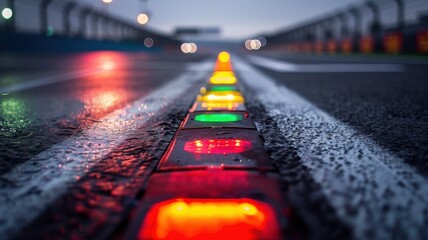 A close-up view of vibrant lights on an empty Formula 1 track at dawn. The wet pavement reflects the colorful signals, creating an atmospheric scene.