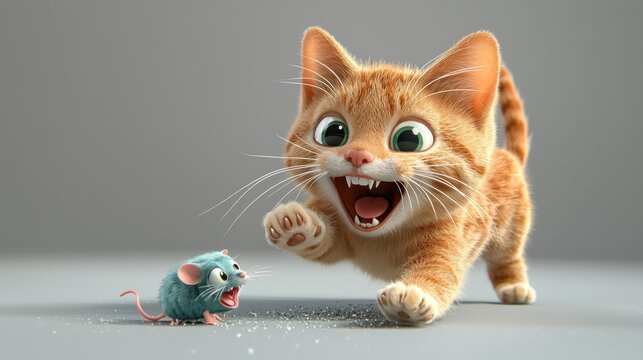 Playful cartoon cat chasing a mouse on a gray studio background