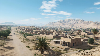 Desert Village Panorama Under Sunny Sky