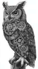 Detailed illustration of an owl with intricate mechanical parts.