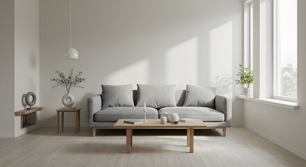 White Background: Interior Shot of Living Room with Gray Sofa, Minimalist Style Home Decor, Natural Light, Focus on Furniture and Interior Design in Residential Space for Real Estate Marketing