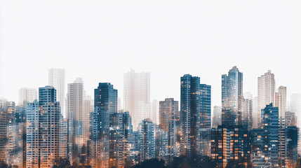 Obraz premium 現代都市のスカイラインを抽象的かつ空気感のあるタッチで描いたイラストシリーズ。高層ビルが立ち並ぶ都会の風景は、都市開発や建築、未来的デザインのコンテンツに最適です。