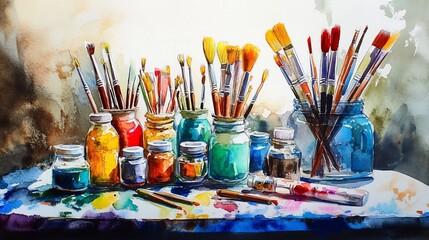 Watercolor Artist's Still Life: Vibrant Paintbrushes and Jars