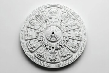 Naklejka premium Intricate Circular Design with Geometric Patterns and Symbolic Figures