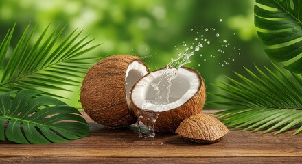 Fresh Coconut Half on Wooden Table with Splashing Water and Lush Green Leaves Background for Tropical and Summer Themes