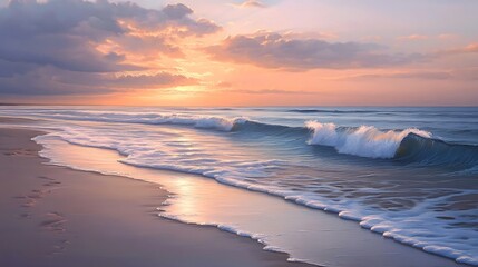 Fototapeta premium Serene Sunset Beach: Gentle Waves, Footprints, and Pastel Hues