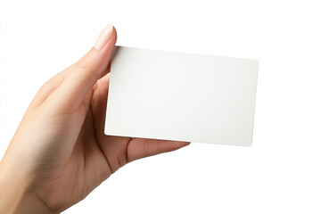 Elegant presentation of a blank card held by a graceful hand against white background