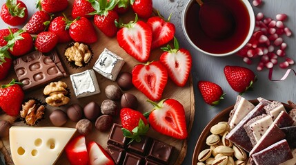 Gourmet Dessert Board with Strawberries, Chocolate, and Cheese