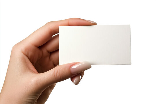 Elegant manicured hand showcasing a blank white card against a pristine background