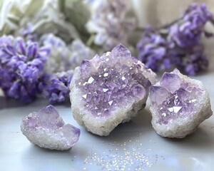 Amethyst Cluster with Purple Flowers