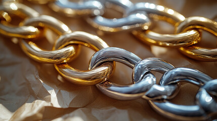 Gold & silver chains on crumpled paper, sunlit