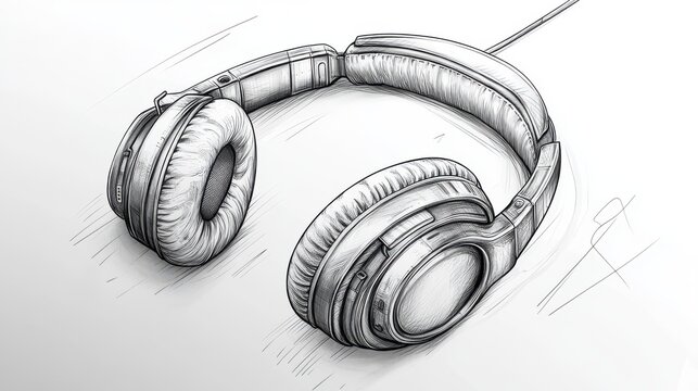 Detailed pencil sketch of over-ear headphones, showcasing intricate details and realistic shading.
