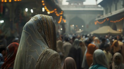 Woman in Traditional Dress in a Crowded Marketplace