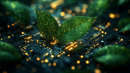 Glowing plant leaves sprout from circuit board, tech background