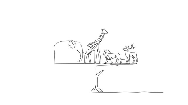 Self drawing animation of single one line drawing in the leaves of the big tree there are giraffe, elephant, deer and lion. Eternity in shady tree. Balance. World Wildlife Day. Full length animated