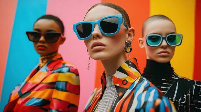 Stylish Women in Colorful Sunglasses and Fashionable Clothing Against Vibrant Background 4k video footage