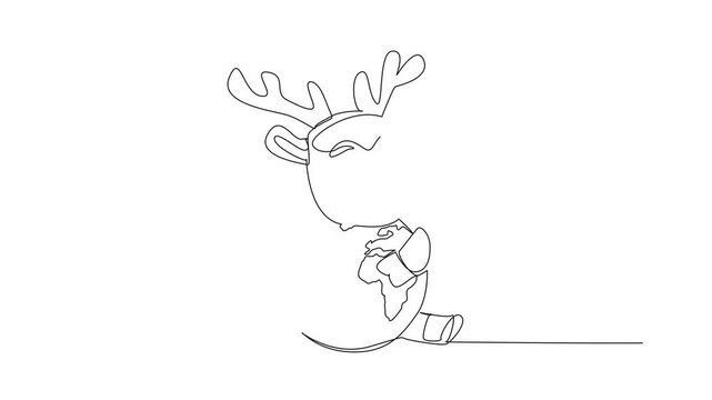 Self drawing animation of continuous one line drawing cute deer hugging globe. Maintaining balance of nature so that they continue to reproduce. Comfort place. World Wildlife Day. Full length animated