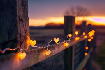 Heart-shaped Lights on a Wooden Fence at Sunset