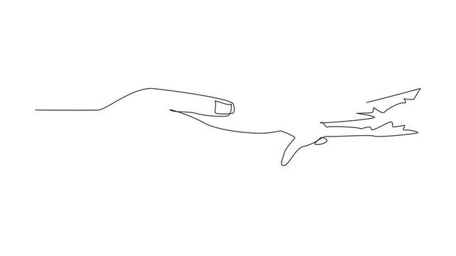 Animation of a single one line drawing of a monkey hand holding a human index finger. Humans have the ability to care and protect the natural world. Preserve. World Wildlife Day. Full length motion