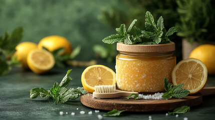 Lemon & mint sugar scrub on dark counter, blurred lemons in background