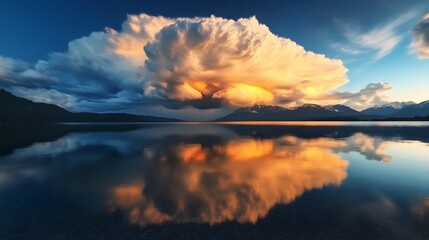 Fototapeta premium Dramatic cloud reflection on tranquil lake at sunset