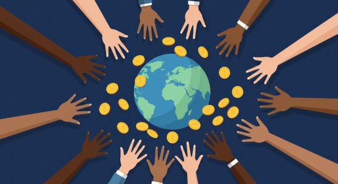 Global funding illustration showcases diverse hands encircling Earth with coins