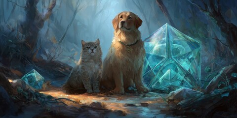 Naklejka premium Gentle creatures near a magnificent crystal.