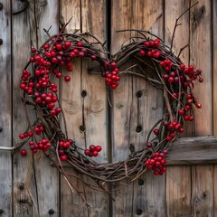 Heart-Shaped Berry Wreath on Weathered Wood