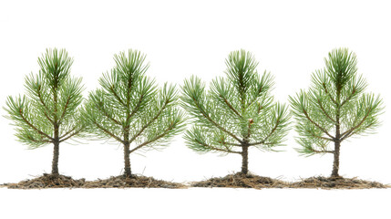 Row of young pine trees standing in soil against a Transparent Background