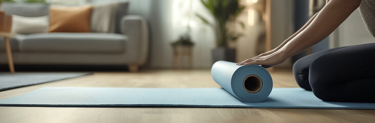 Serene wellness scene featuring woman preparing for yoga in a relaxed indoor setting
