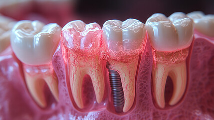 Dental implant model showing gum inflammation and bone loss