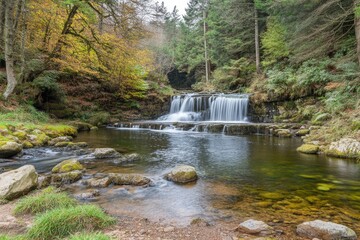 Serene waterfall cascading into a tranquil pool, surrounded by lush autumnal forest